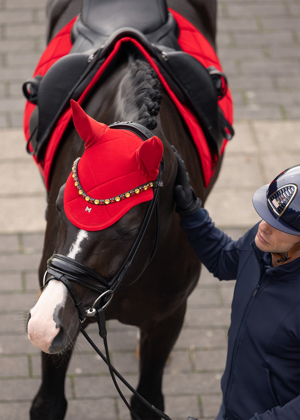 Maximilian Velvet Ear Bonnet (Crimson) on horse