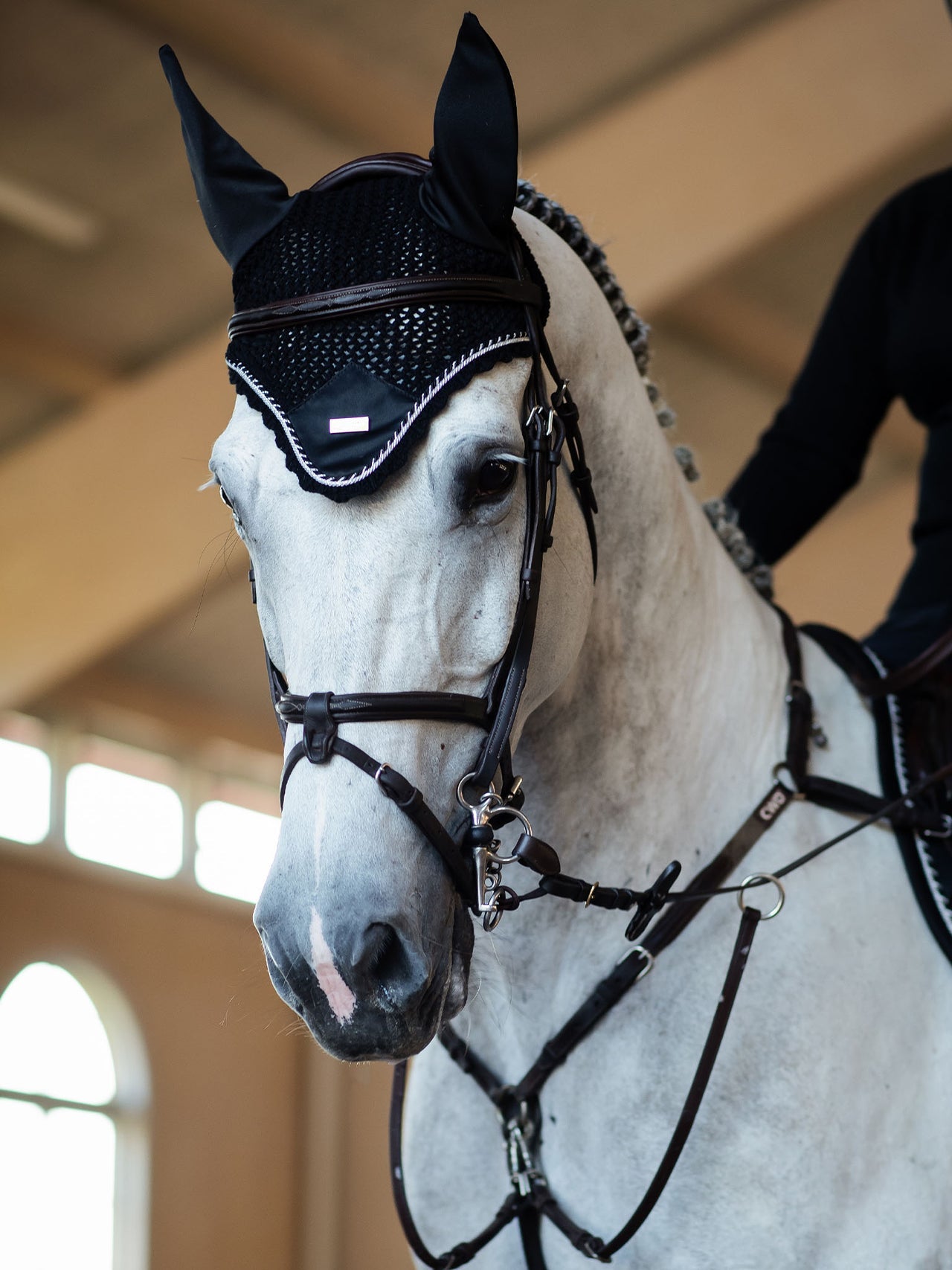 Equestrian Stockholm Ear Bonnet Black Edition on horse